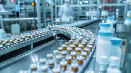 Fototapeta premium Pharmaceutical production line overview factory setting industrial environment ar