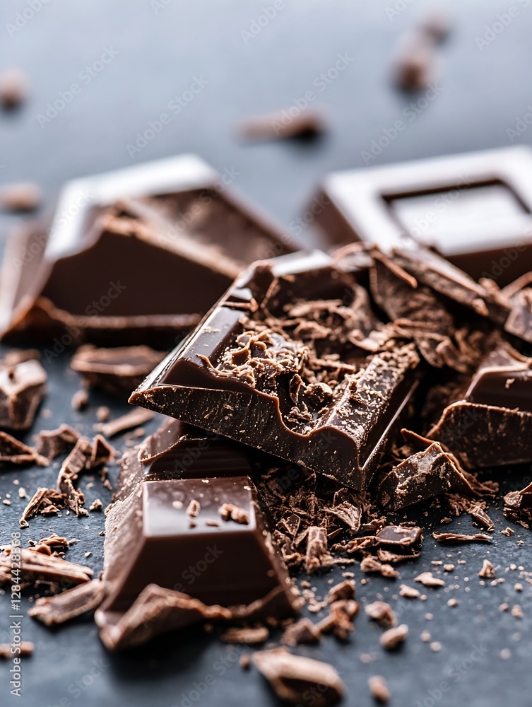 Poster richly textured dark chocolate pieces scattered on a slate surface showcasing indulgent cocoa deligh