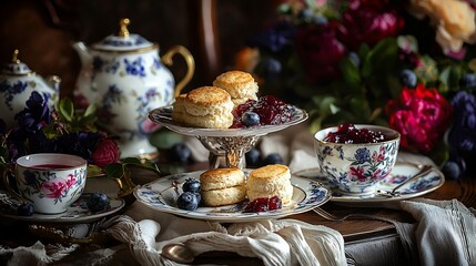 Fototapeta premium Elegant afternoon tea setting with scones, jam, and teacups