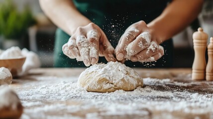 Hands of a skilled chef kneading dough on a rustic wooden table dusted with flour for baking pastries : Generative AI