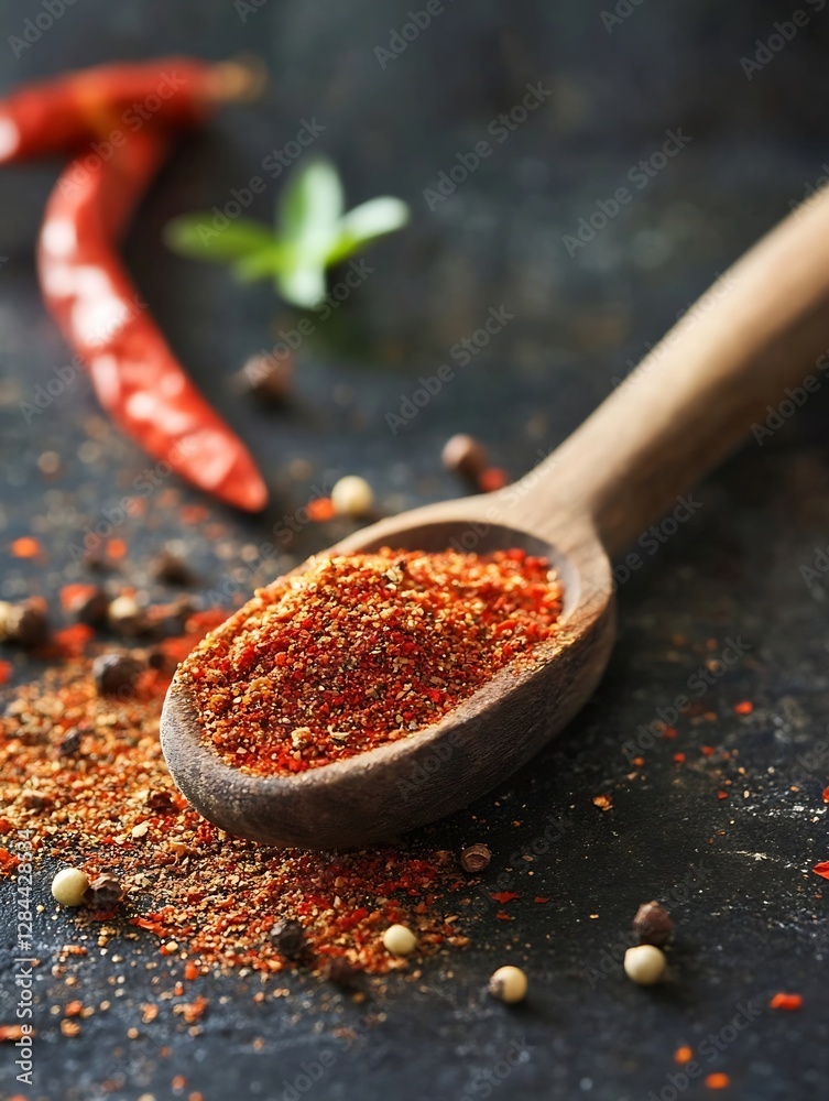 Poster fresh spices arranged on a dark background with a wooden spoon showcasing vibrant colors and texture