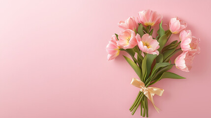Obraz premium Fresh Pink Tulip Bouquet on Soft Pastel Pink Background