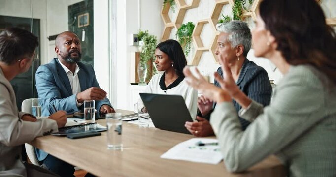 Business people, argument and disagreement with negotiation, deal or audit meeting for b2b portfolio. Financial advisor, accountant or agent with discussion for consultation advice or proposal review