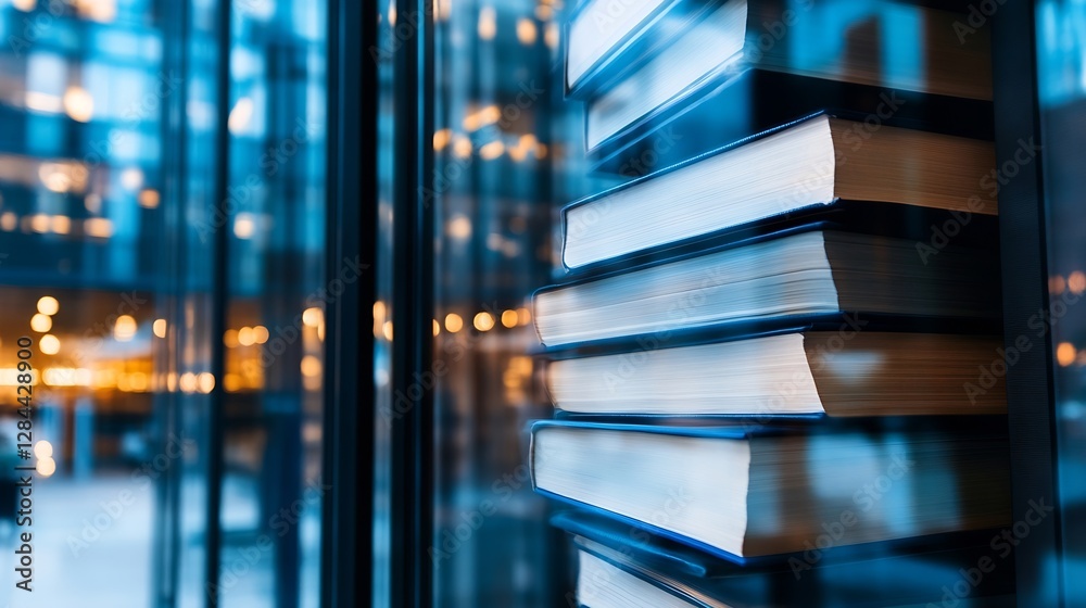 Poster stunning close up of stacked books reflected in modern glass architecture during evening light : gen
