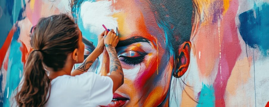 Female artist painting colorful mural on urban wall