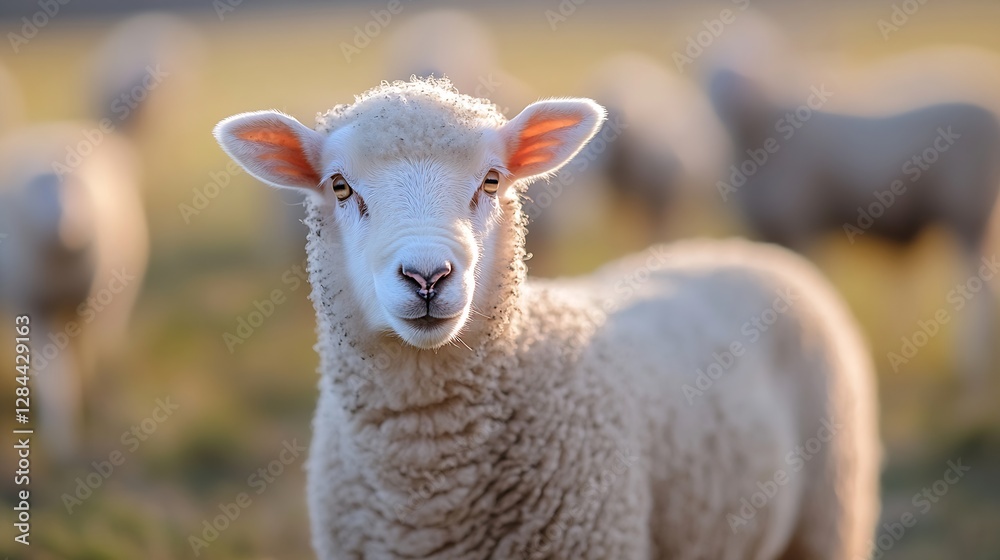 Poster Charming close up of a curious sheep in a lush green field surrounded by fellow flock members : Generative AI