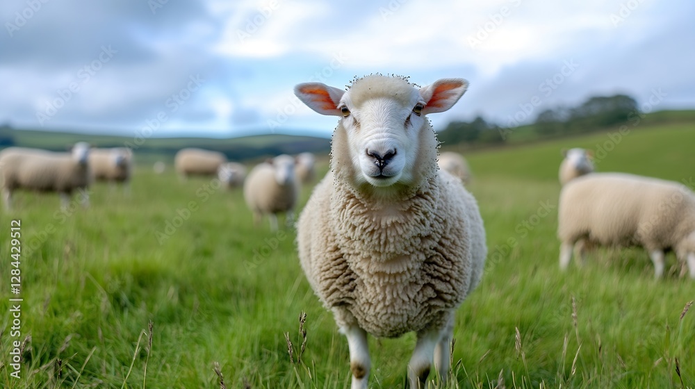 Poster a charming sheep standing proudly in a lush green pasture surrounded by fellow sheep : generative ai