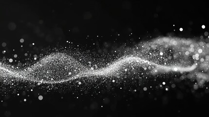 A wave of white particles on a black background, glittering silver dust in motion.