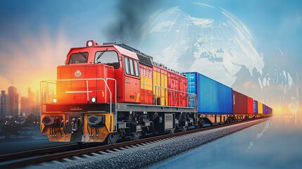 Obraz premium Global business of Container Cargo freight train for Business logistics concept, Air cargo trucking, Rail transportation and maritime shipping, Online goods orders worldwide. Container truck in ship