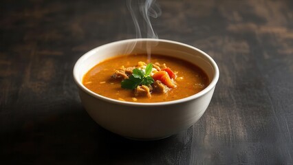 Steaming Bowl of Hearty Vegetable and Meat Soup