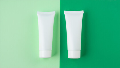 Stylish cream tube on green background. Cosmetic product presentation. Beauty and skin care