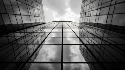 Modern architecture view looking up at tall glass buildings under cloudy sky : Generative AI