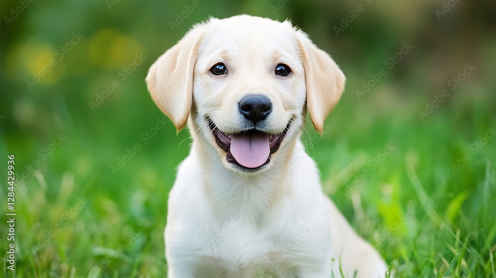 Aufkleber adorable smiling puppy sitting in green grass with a joyful expression : generative ai