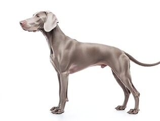 Fototapeta premium Full-body photo of a Weimaraner standing on a white background, looking to the side, in a side view.