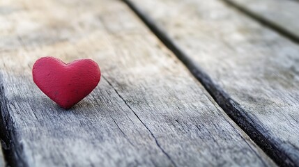 Fototapeta premium Single red heart decor piece on a rustic wood surface symbolizing love and affection in a charming setting : Generative AI