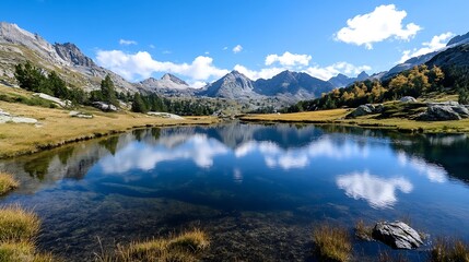 Fototapeta premium Breathtaking landscape of mountains mirrored in a peaceful lake under a bright blue sky : Generative AI