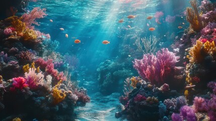 Naklejka premium Vibrant underwater coral reef with colorful fish and sunlight rays