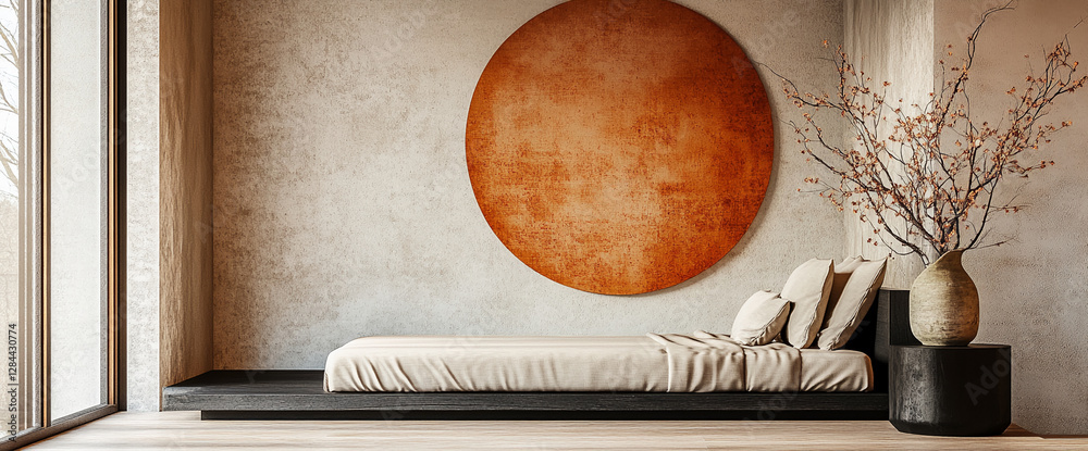 Poster modern minimalistic bedroom with a low platform bed, neutral bedding, and a decorative vase with bra
