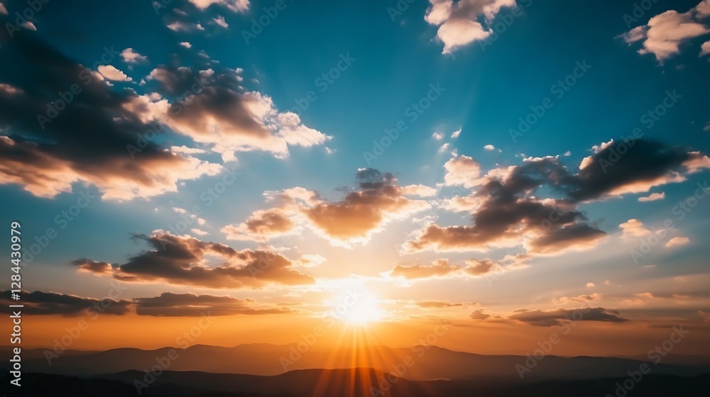 Poster stunning sunset over a landscape with rays of light breaking through colorful clouds in the sky : ge