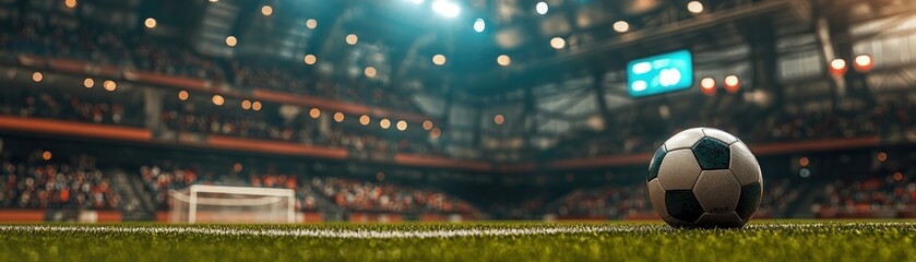 Soccer ball on field, stadium background, game in progress