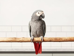 Obraz premium Realistic African Grey parrot sitting on a branch, isolated against a white background.