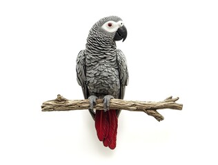 Fototapeta premium Realistic African Grey parrot sitting on a branch, isolated against a white background.
