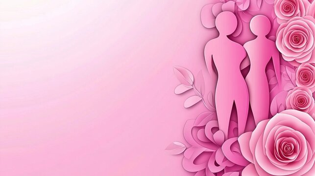 Two Pink Female Silhouettes on the Right Surrounded by Pink Roses and Leaves on a Light Pink Background, Suitable for Feminine, Love, or Women - centric Design Projects.