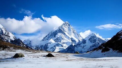Majestic view of snow capped mountains under a blue sky with fluffy clouds creating a breathtaking landscape scene : Generative AI