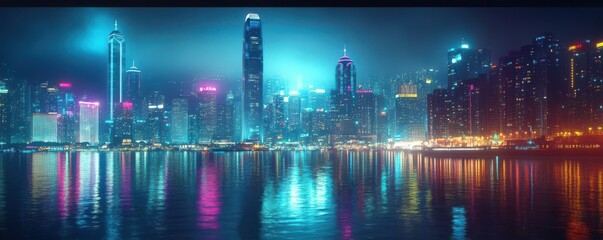 Vibrant night skyline of urban skyscrapers illuminated over waterfront