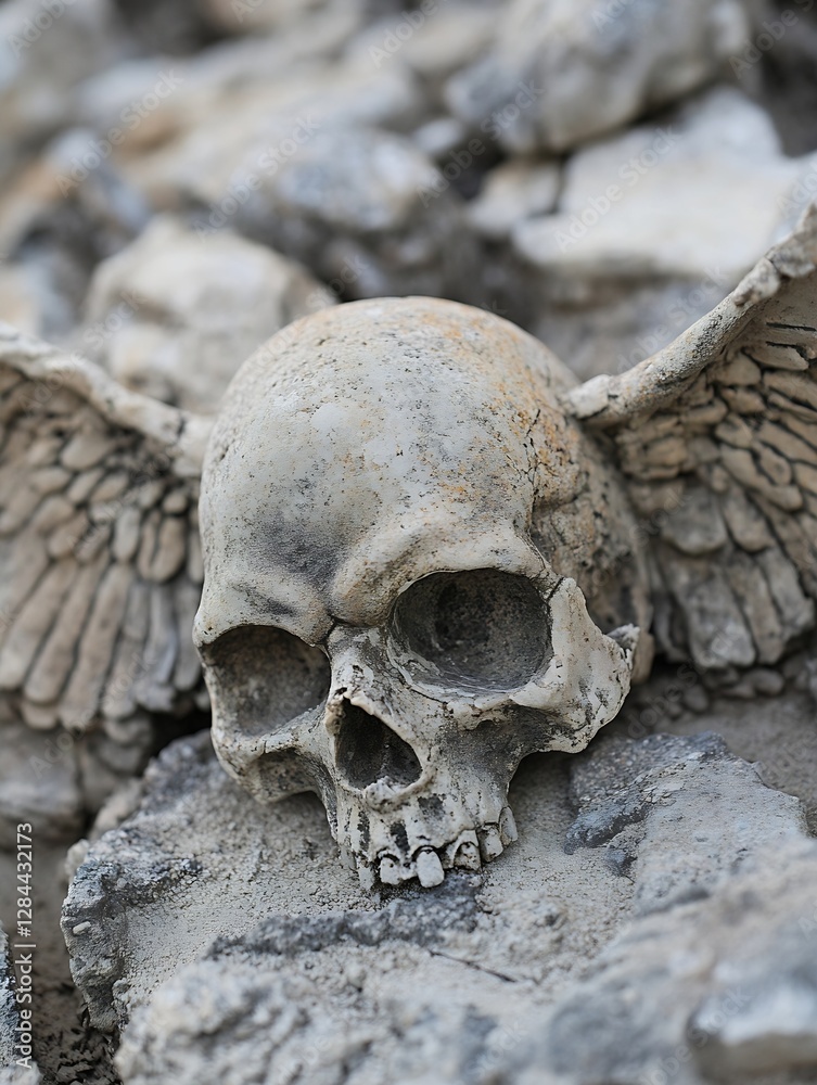 Poster intricate sculpture of a winged skull resting among rocks showcasing artistic creativity and macabre