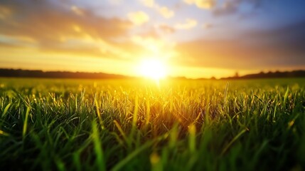 Fototapeta premium Golden sunlight illuminating a lush green field at sunset creating a picturesque landscape : Generative AI