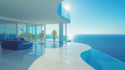 Modern penthouse terrace overlooking ocean infinity pool