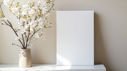 White canvas mockup, spring flowers, beige wall, sunlight