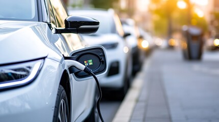 Naklejka premium Electric vehicle charging at a modern station on a busy urban street during golden hour : Generative AI