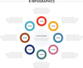 Fototapeta premium Business Colorful Infographics template. 8 steps rounded timeline with options and marketing icons .Vector rounded infographic with eight circle connected elements. Design can be use for presentation.