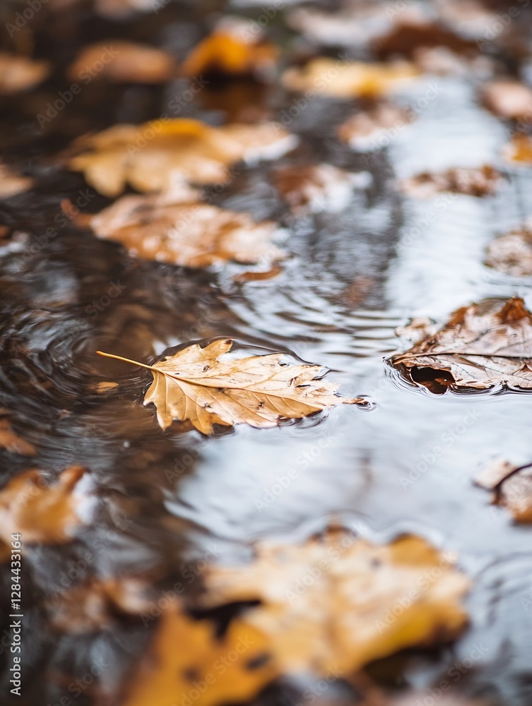 Poster Beautiful close up of autumn leaves floating on water surface creating a serene natural scene : Generative AI