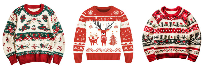 Collection of cozy Christmas decorated holiday sweaters isolated on a transparent background