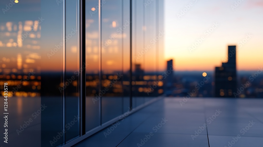 Poster modern urban architecture and sunset reflected in glass building facade creating a stunning cityscap