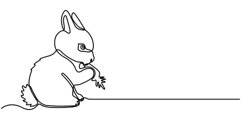 Easter bunny and eggs, one continuous line drawing. Easter illustration with a bunny. Vector illustration of a rabbit in black line isolated from the background. Hare and egg vector design. 