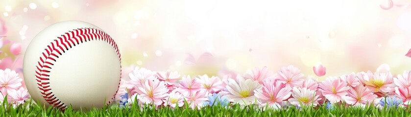 Baseball on spring flowers, peaceful scene, background use