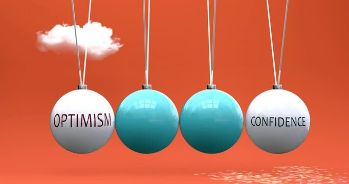 Optimism leads to confidence. Cause and effect relation between optimism and confidence. A Newton cradle metaphor in which optimism gives power to confidence. Can be looped. 