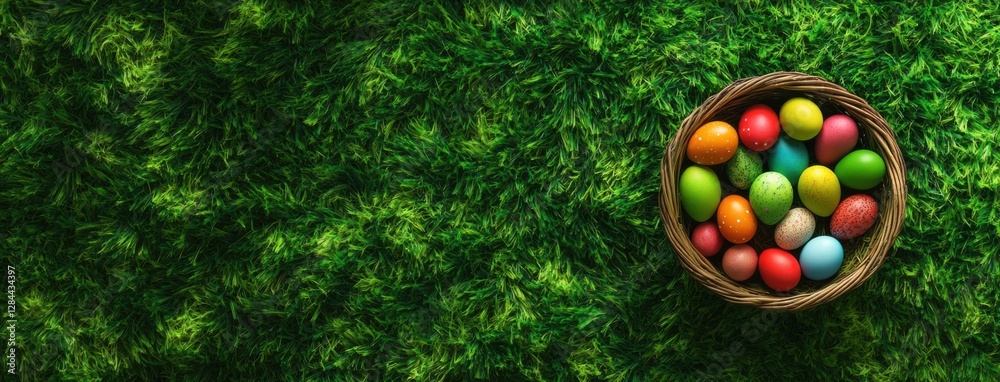 Poster easter banner with colorful eggs in a basket on a green grass background, flat lay top view, copy sp