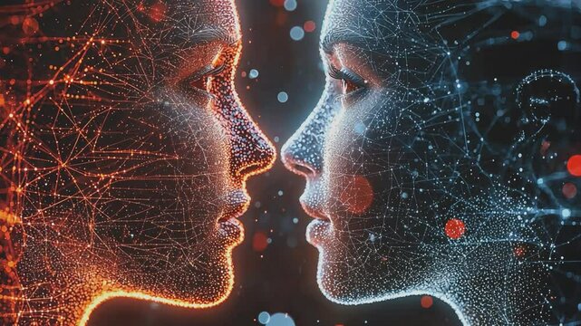 Digital Connection: Two digital female portraits, one bathed in warm light and the other in cool, face each other, forming a connection. The image explores technology, connection.