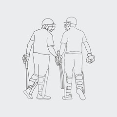 Dynamic Cricket Sport, One Line Drawing of Cricketer in Action. Two batsman line drawing illustration. hand drawn continuous one line cartoon doodle sketch drawing clip art of cricketer.