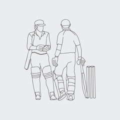 Dynamic Cricket Sport, One Line Drawing of Cricketer in Action. Two batsman line drawing illustration. hand drawn continuous one line cartoon doodle sketch drawing clip art of cricketer.