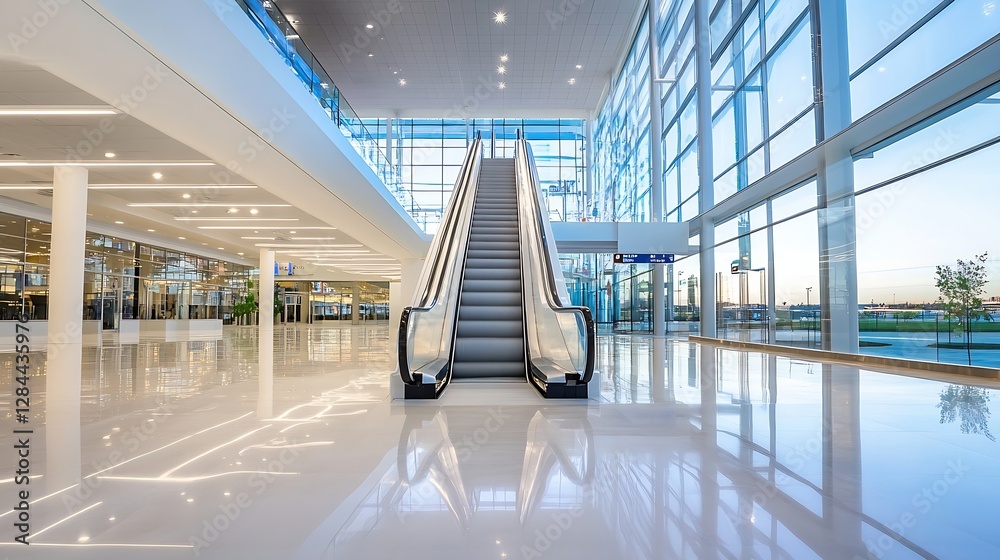 Poster bright and spacious modern airport interior with escalators and large windows : generative ai