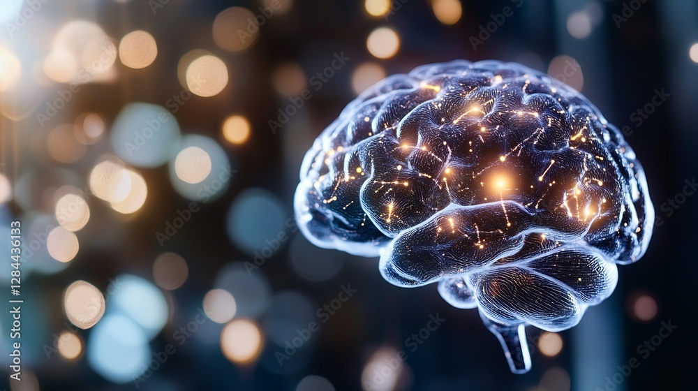 Poster abstract visualization of a human brain illuminated with glowing connections and lights : generative