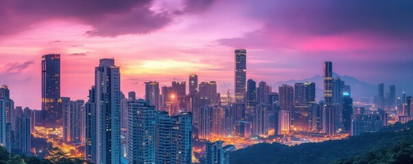 Obraz premium Vibrant sunset over urban skyline with skyscrapers and city lights