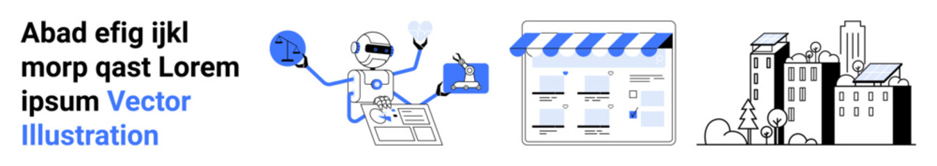 Robot with clipboard and shopping bag, digital storefront interface with calendar, city buildings. Ideal for digital automation, e-commerce, urban planning, AI, technology, business tools future