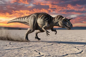 Fototapeta premium Carnotaurus sprinting across a dry and cracked plain with the dust kicking up behind it 